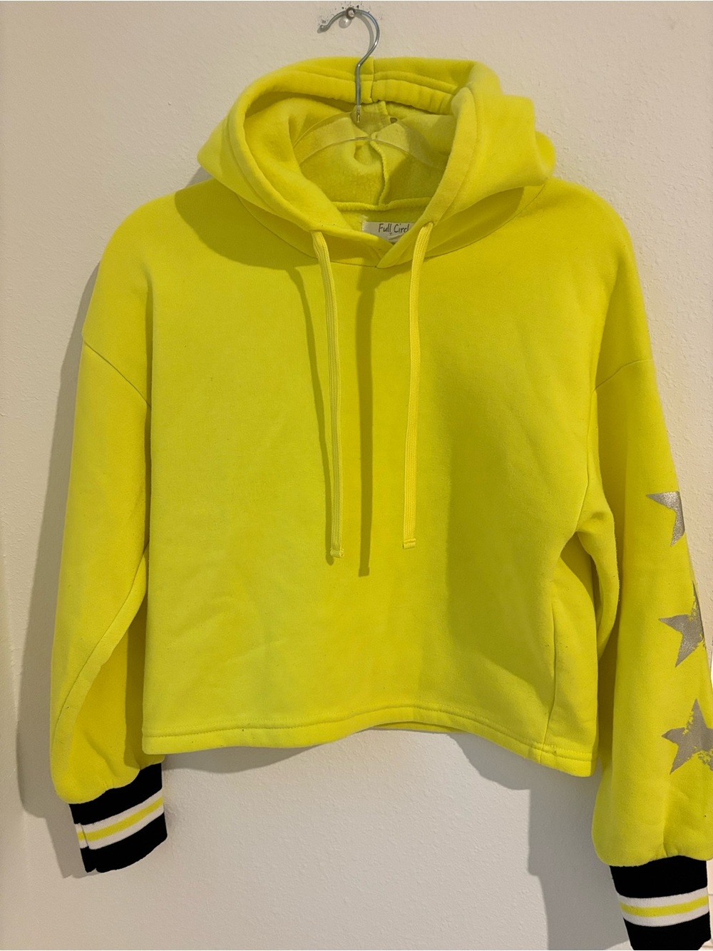 Bright Yellow Cropped Hoodie with Star Sleeve Accents